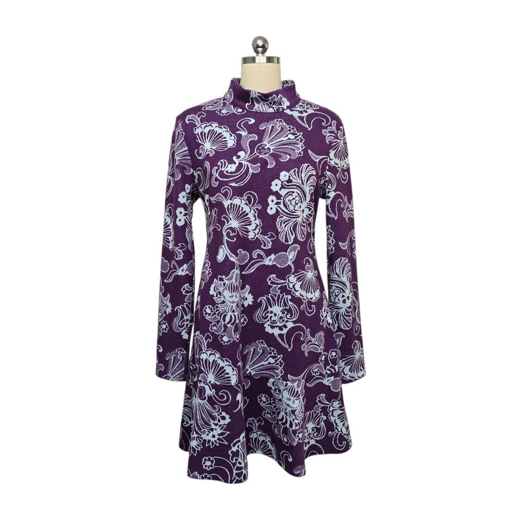 Anthropologie Purple Floral Paisley Mock Neck Keyhole Back Mini Dress Sz Medium
